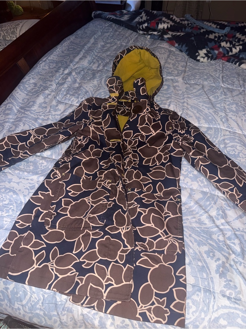 Boden Navy Trench Coat with Brown Floral Print and Olive Hood Lining